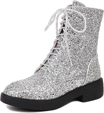 Load image into Gallery viewer, Lace Up Glitter Sequin 4cm-silver Combat Boots