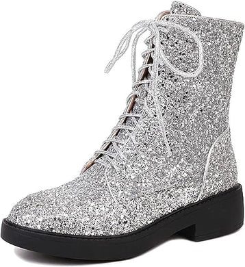 Lace Up Glitter Sequin 4cm-silver Combat Boots