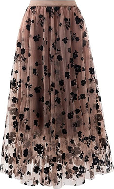Organza Floral Mesh Nude Brown Tulle Maxi Skirt