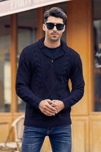 Load image into Gallery viewer, Men&#39;s Navy Blue Cable Knit Long Sleeve Button Neck Sweater