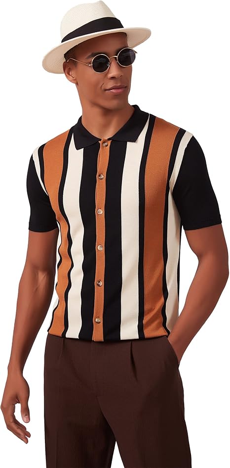 Men's Golf Style Striped Short Sleeve Black Shirt