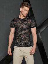 Load image into Gallery viewer, Men&#39;s Black Mesh Lace Short Sleeve T-Shirt