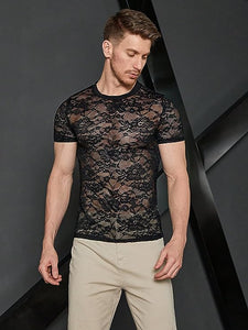 Men's Black Mesh Lace Short Sleeve T-Shirt