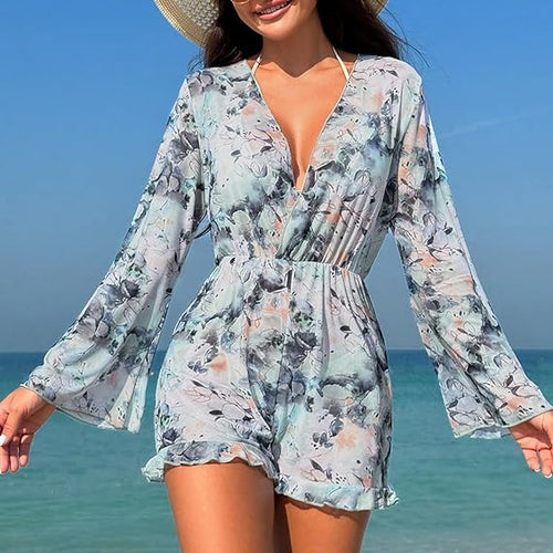 Summer Blue Floral Long Sleeve Shorts Romper