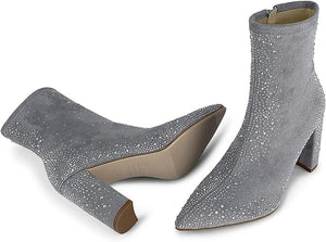 Sparkle Grey Pointed Toe Chunky Heel Ankle Boots