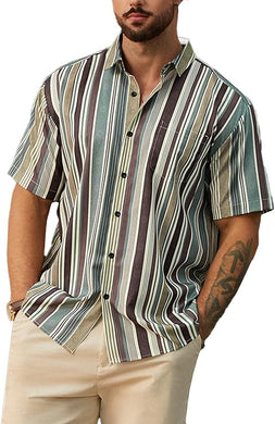 Men's Vacation Striped Summer Short Sleeve Brown Striped Shirt