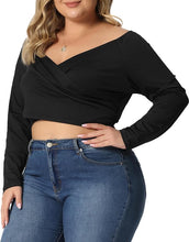 Load image into Gallery viewer, Plus Size Black Cross Wrap Long Sleeve Crop Top