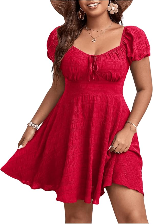 Plus Size Puff Sleeve Red Textured Mini Dress