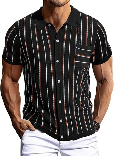 Men's Short Sleeve Vintage Style Striped Black Shirt