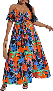 Plus Size Blue/Orange Floral Cut Out Shoulder Maxi Dress