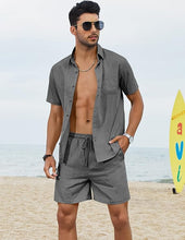 Load image into Gallery viewer, Men&#39;s Black Linen Drawstring Casual Short Sleeve Shorts Set