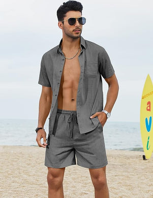 Men's Grey Linen Drawstring Casual Short Sleeve Shorts Set