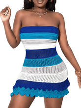 Load image into Gallery viewer, Strapless Knit Blue Crochet Sweater Dress