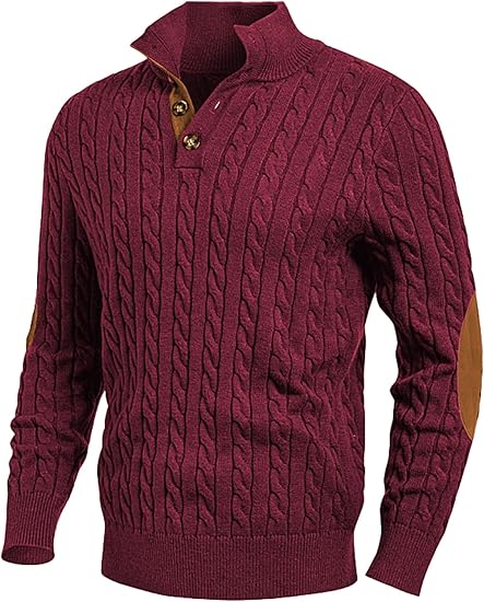 Men's Cable Knit Patchwork Zip Front Red Sweater