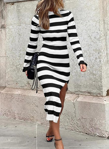 Striped Knit Black/White Long Sleeve Midi Dress