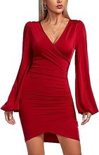 Load image into Gallery viewer, Red Wine Lantern Sleeve Mini Dress