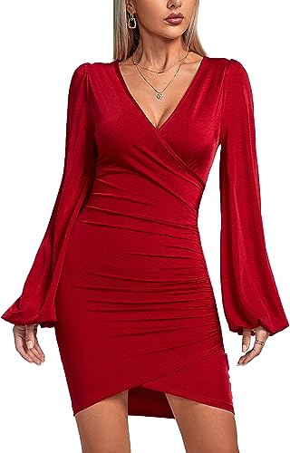 Red Wine Lantern Sleeve Mini Dress