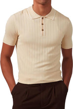 Load image into Gallery viewer, Men&#39;s Knit Collar Short Sleeve Striped Beige Shirt