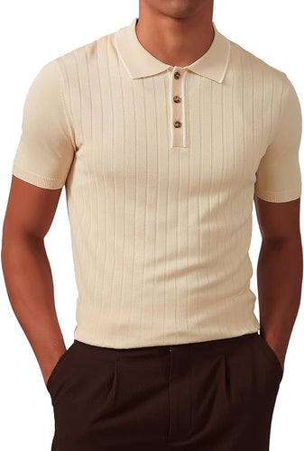 Men's Knit Collar Short Sleeve Striped Beige Shirt