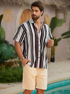 Men's Vacation Striped Summer Short Sleeve Wine Red Striped Shirt