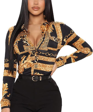 Plus Size Luxury Black/Gold Satin Silk Button Down Long Sleeve Blouse