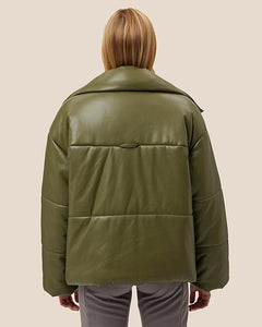 Fashionable Green Padded Vegan Leather Long Sleeve Puffer Jacket