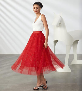 Prestigious Tulle Red Pleated Flowy Maxi Skirt