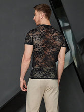 Load image into Gallery viewer, Men&#39;s Black Mesh Lace Short Sleeve T-Shirt