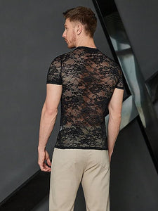 Men's Black Mesh Lace Short Sleeve T-Shirt