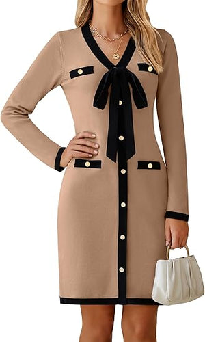 Brown English Bow Tied Long Sleeve Dress