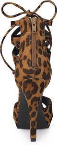 Leopard Gladiator Lace Up Open Toe Stiletto Heels