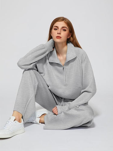 Comfy Knit Grey Half Zip Long Sleeve Sweatsuit Pull Over & Pants Set