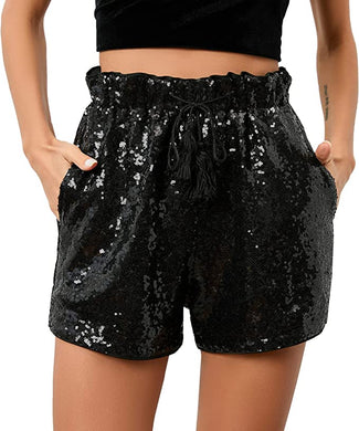 High Waist Black Sequin Drawstring Stretch Glitter Shorts
