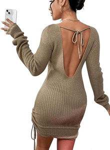 Dreamy Chic Khaki Knit Drawstring Khaki Mini Dress