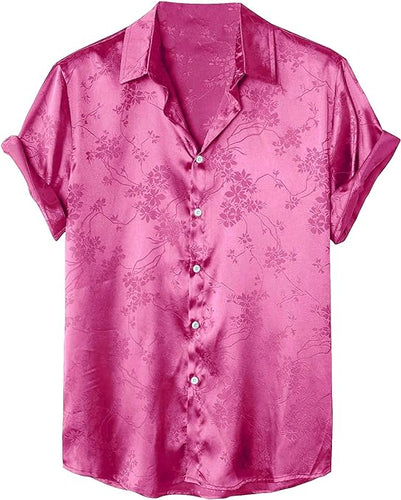 Men's Satin Pink Floral Short Sleeve Button Down Shirt