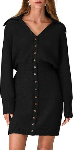 Beautiful Black Long Sleeve Button Up Sweater Dress