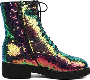 Lace Up Glitter Sequin Green Gradient Combat Boots