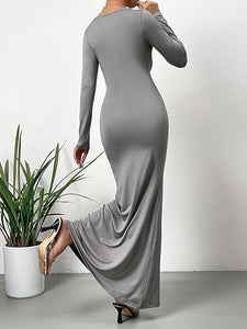 Comfort Knit Gray Long Sleeve Fishtail Maxi Dress