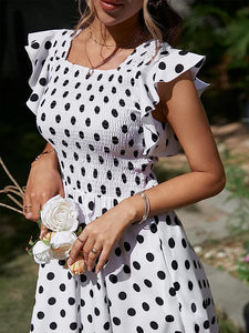 White Polkadot Ruffle Sleeve Maxi Dress