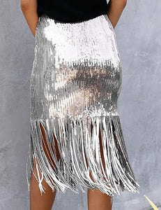 Party Style Fringe Tassel Sequin Midi Skirt