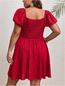 Plus Size Puff Sleeve Red Textured Mini Dress