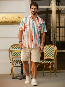 Men's Vacation Striped Summer Short Sleeve Orange Striped Shirt