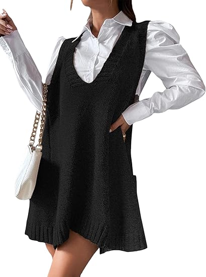 Black Knitted V Neck Sweater Dress