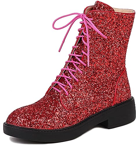 Lace Up Glitter Sequin 4cm-red Combat Boots