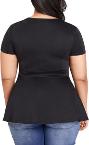 Plus Size Black Cut Out Peplum Short Sleeve Top