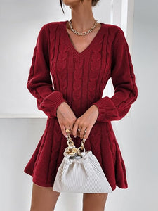 Bishop Sleeve Khaki Flared Knit Sweater Dress