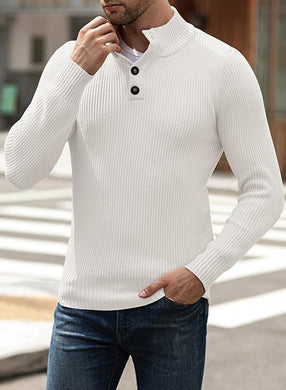 Men's White Knit Button Front Long Sleeve Turtleneck Sweater