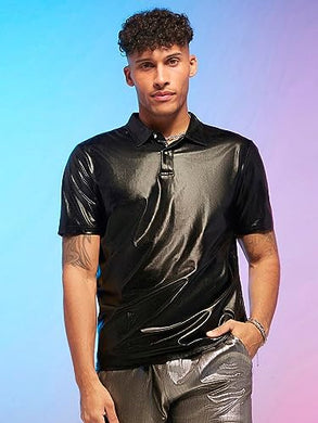 Men's Black Short Sleeve Metallic Shirt