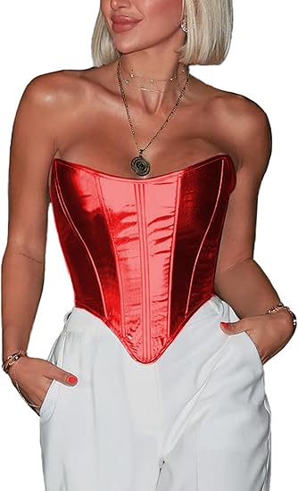 Modern Faux Leather Structured Corset Red Top