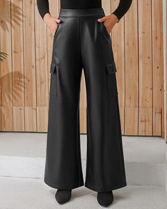 Cargo Style Black Faux Leather Wide Leg High Waist Pants